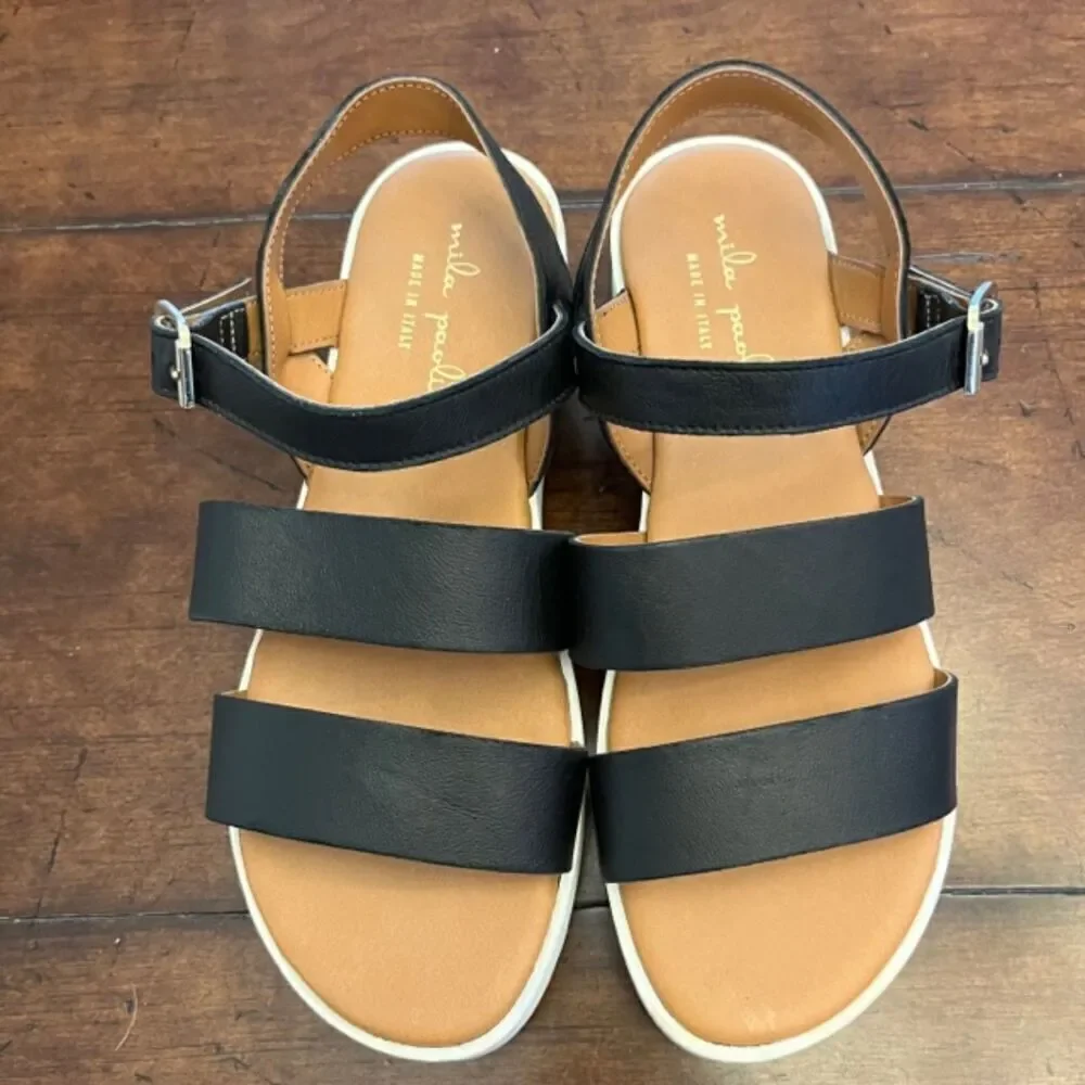 Mila Paoli Platform Sandals Strappy Ankle Buckle Retro‎ Minimalist Black Size 10